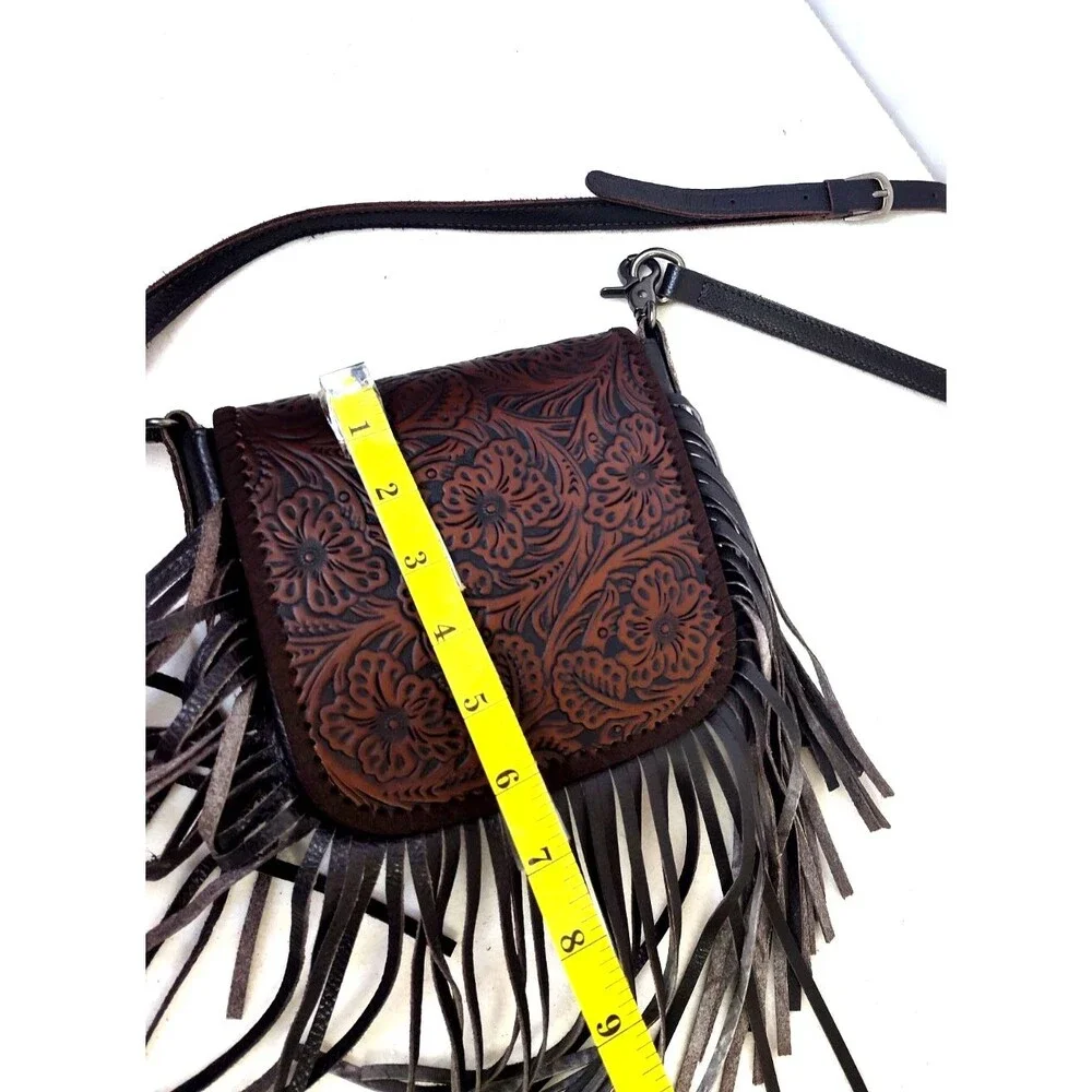 Mountain West Tooled Leather Crossbody Purse, Small, Fringed Dark Brown Handbag